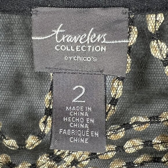 Chicos Travelers Collection 2/ L Black Sheer Gold Needle Stitch Button Up Jacket - Picture 13 of 16